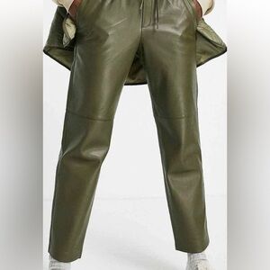 MNG Mango Womens faux leather GRN pants Lg Straight Leg Trouser High Waist Urban